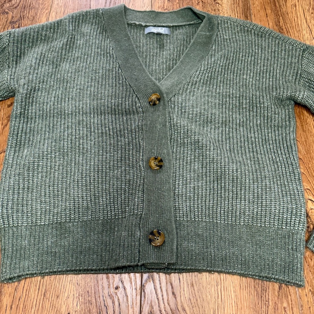 Marled Olive Green chunky knit sweater cardigan Button Front Women's Size L - Picture 2 of 9
